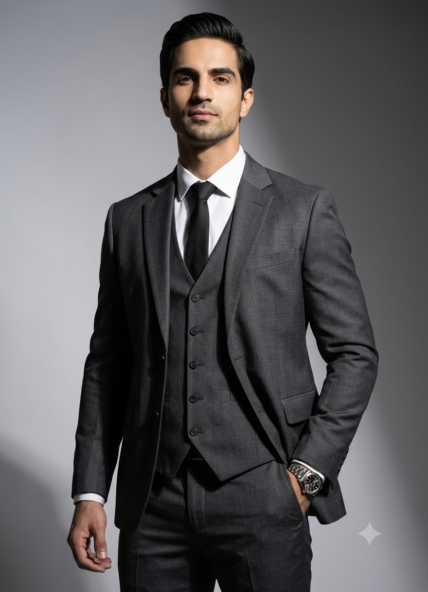 Ultra-Realistic High Fashion Studio Portrait in Charcoal Grey Suit | Editorial AI Photo Original