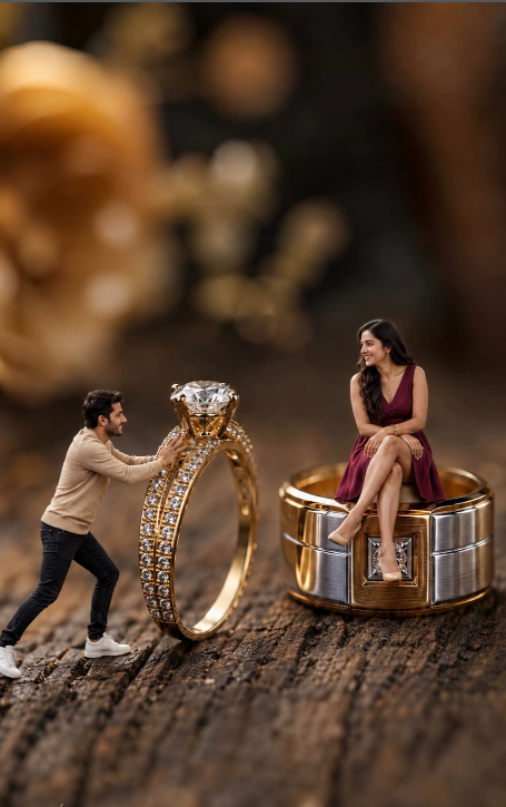 Ultra-Realistic Miniature Couple with Giant Wedding Rings | Macro Photography AI Prompt Original
