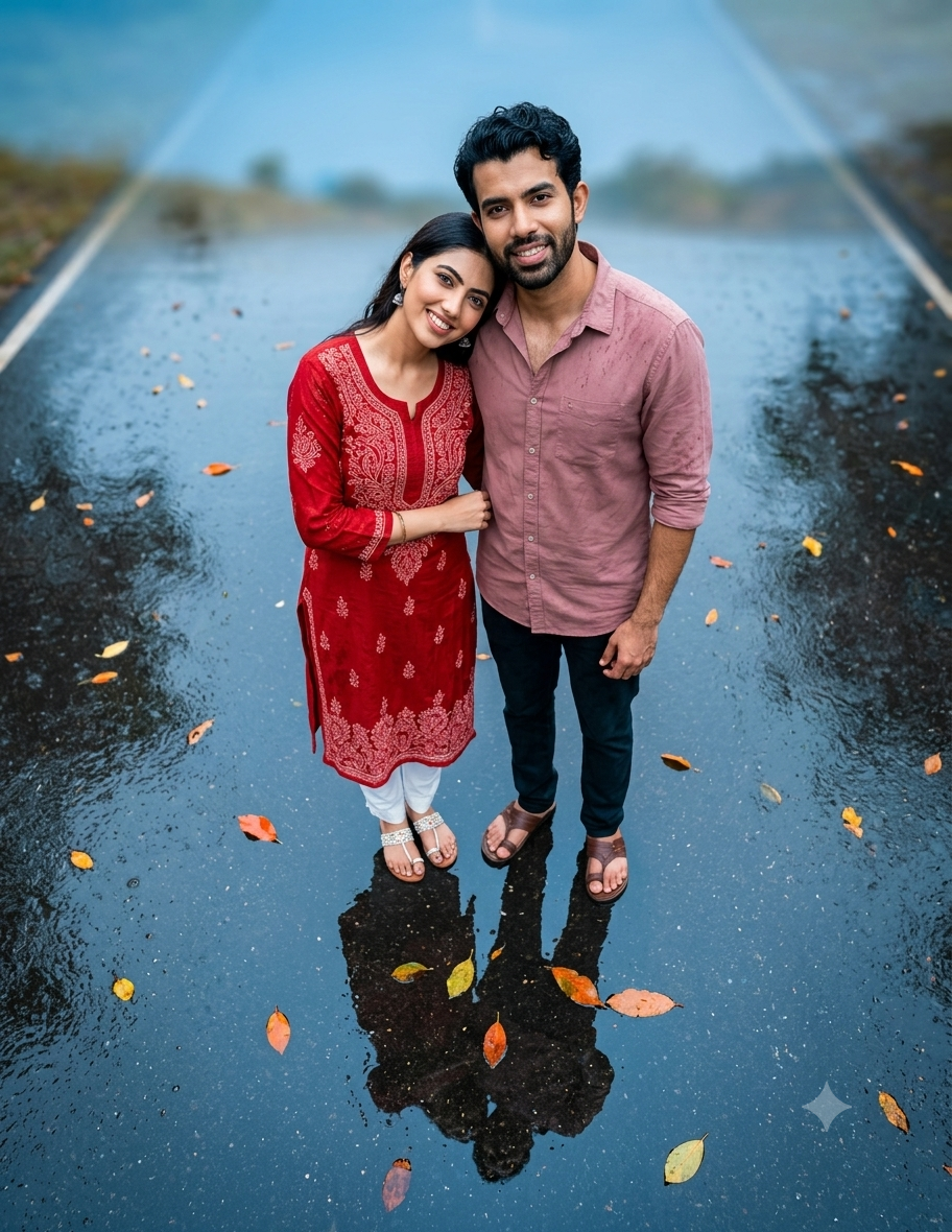 Ultra-Realistic South Indian Couple Rain Reflection Portrait AI Photo Prompt Original