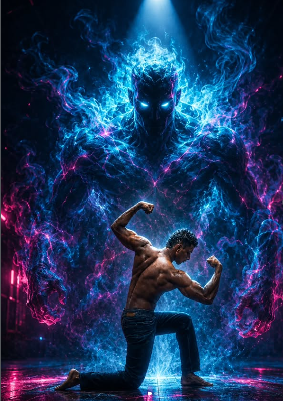 Cyberpunk Dancer with Energy Entity – Cinematic Portrait Scene Original