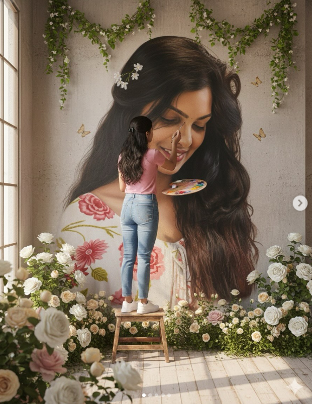 Woman Painting a Giant Self-Portrait Wall Art AI Image Prompt Original