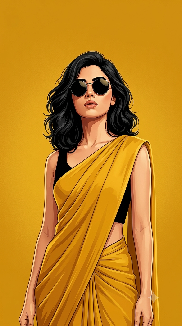 Confident Fashion Icon Digital Illustration in Mustard Yellow Saree | Luxury Editorial Poster Original