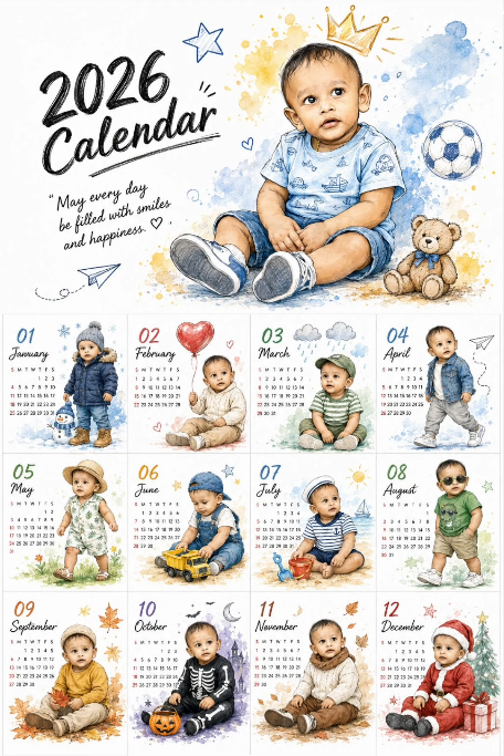 Cute 2026 Baby Photo Calendar Poster | Digital Watercolor Sketch AI Prompt