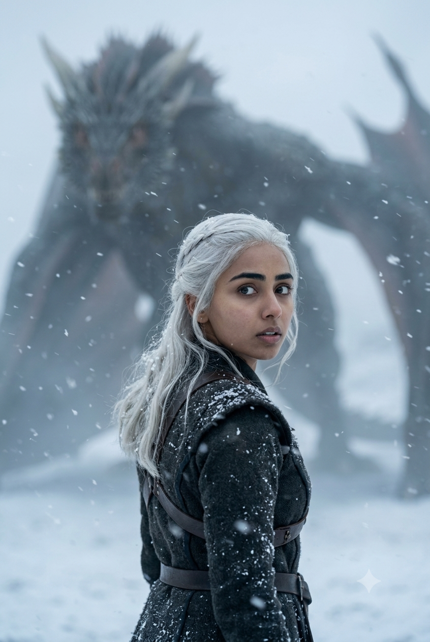 Ultra-Realistic Targaryen Portrait with Drogon in a Cinematic Snowstorm AI Prompt Original