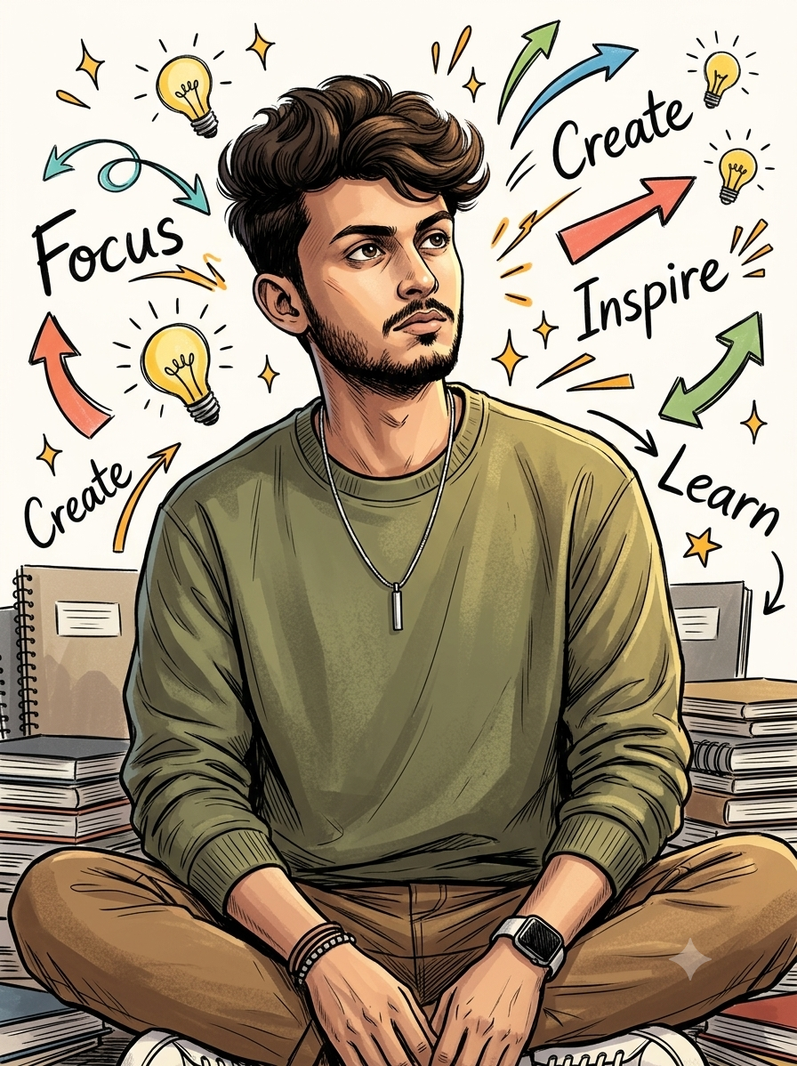 Thoughtful Young Man with Creative Doodles Comic Sketch AI Portrait Prompt Original