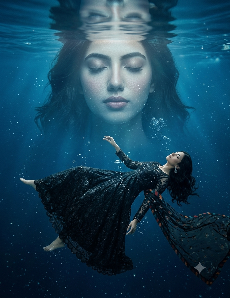 Ultra-Realistic Underwater Fantasy Portrait with Giant Reflection Cinematic AI Prompt Original