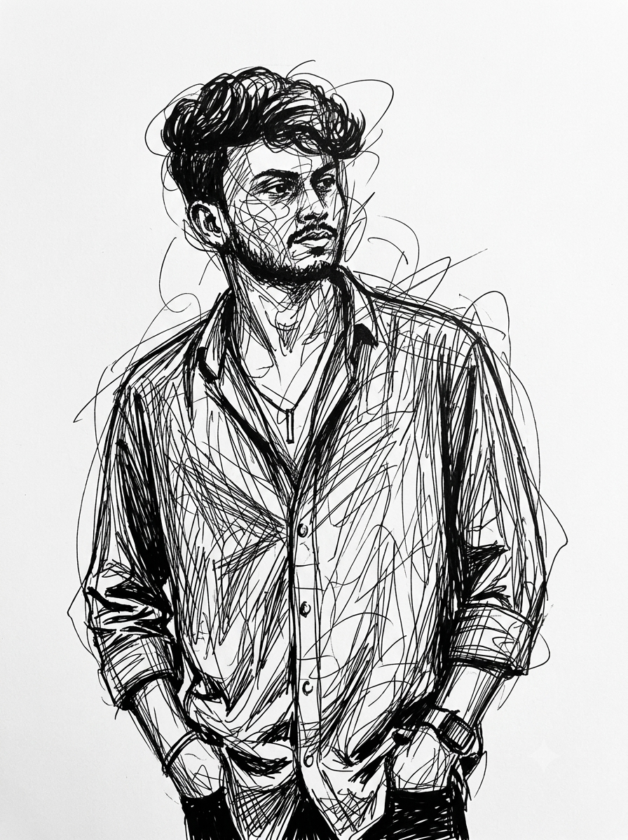 Abstract Chaotic Scribble Art Portrait of a Confident Man AI Prompt Original