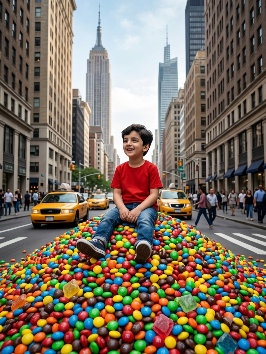 Whimsical Child on Candy Mountain in New York City AI Image Prompt Original