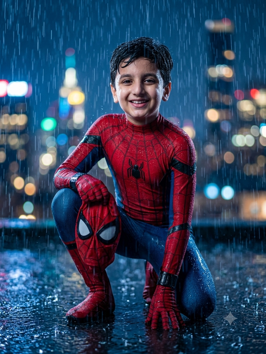 Cinematic Spider-Man Rooftop Portrait AI Image Prompt (Rainy Night) Original