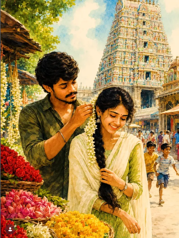 Romantic South Indian Temple Couple Watercolor Illustration with Flower Stal Original