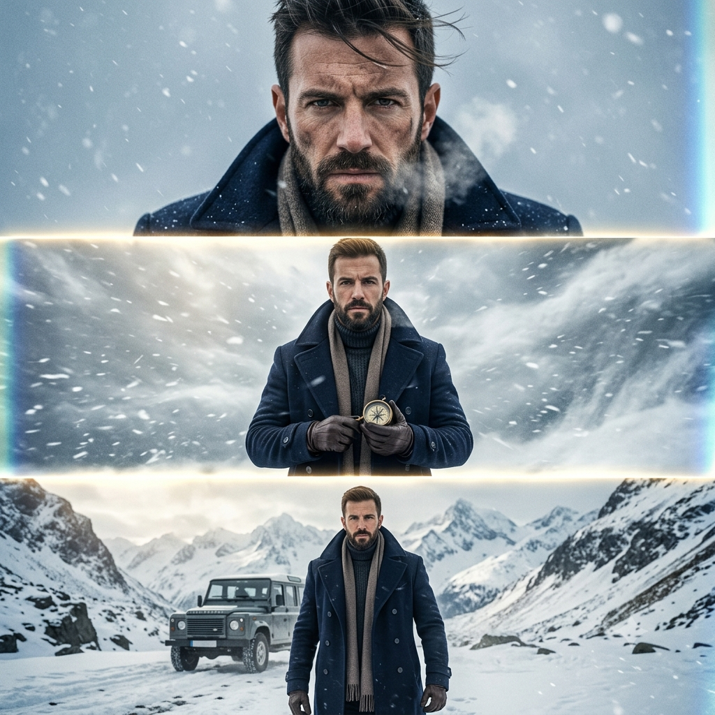 Cinematic Winter Mountain Film Poster Portrait with Shattered Memory Layout Original