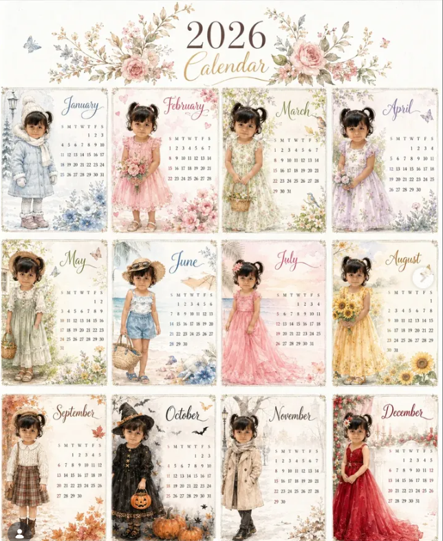 2026 Aesthetic Watercolor Fashion Calendar with 12 Seasonal Girls AI Prompt