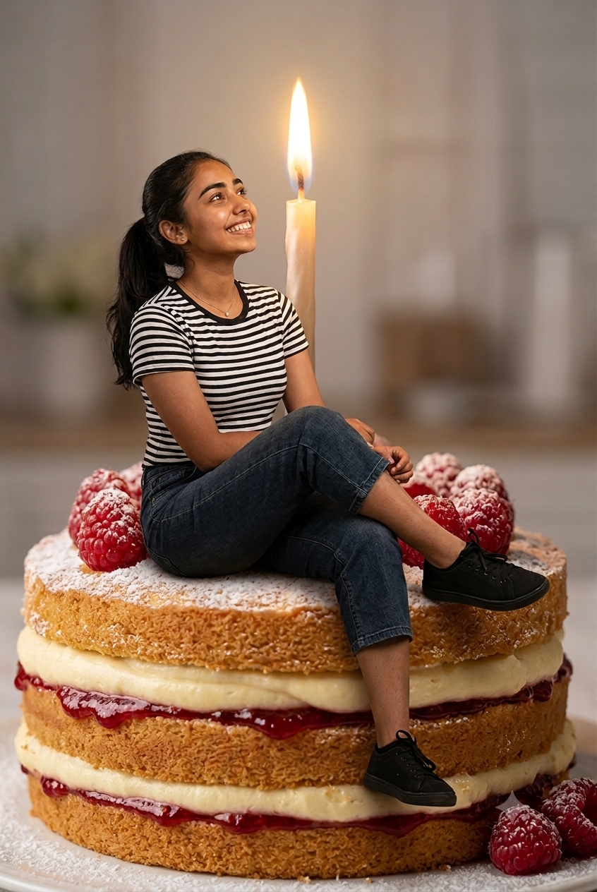 Hyper-Realistic Woman Sitting on Vanilla Cake AI Portrait Prompt (4K) Original