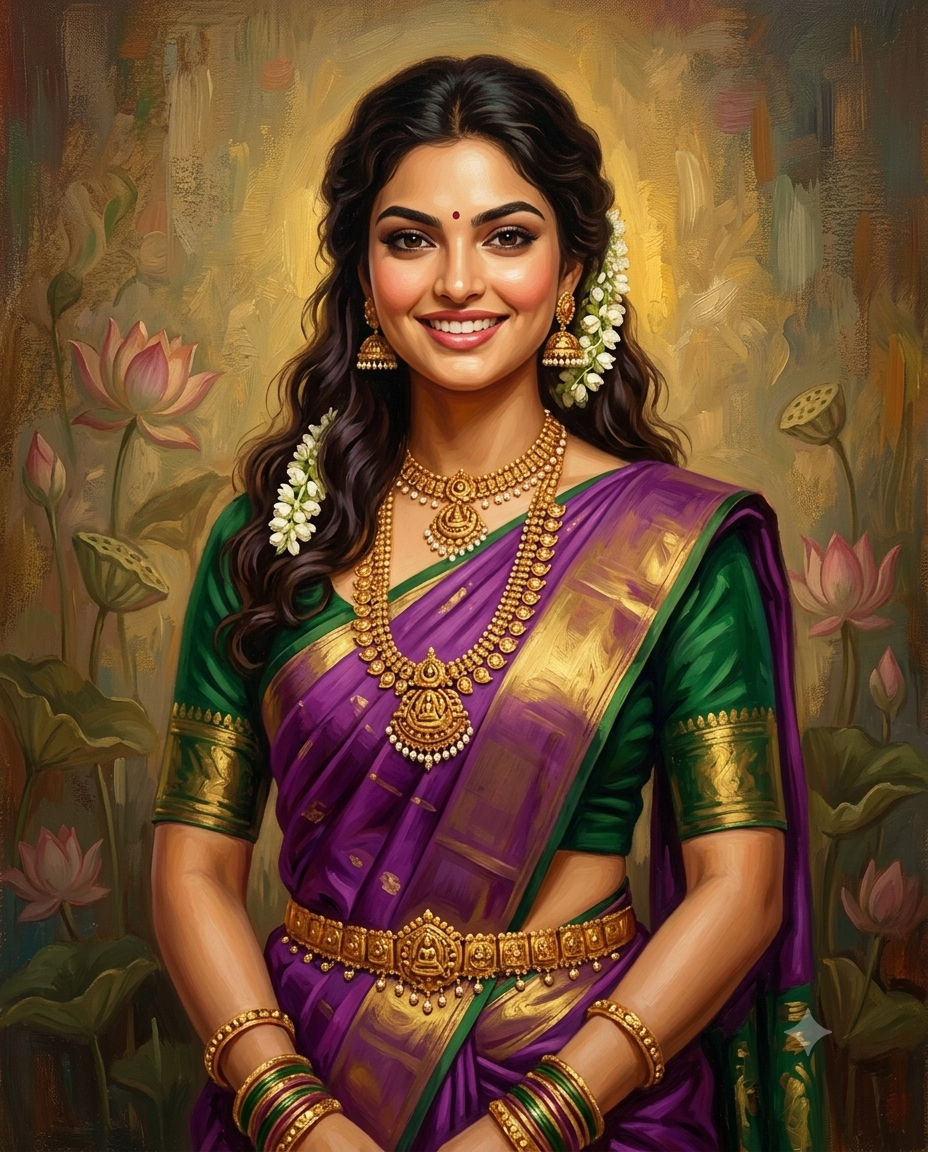 Traditional Indian Oil Painting Portrait AI Image Prompt with Purple Sari & Temple Jewelry Original