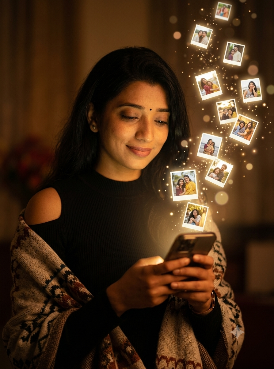 Cinematic Magical Smartphone Memories Portrait AI Image Prompt | Photorealistic Social Media Glow Original