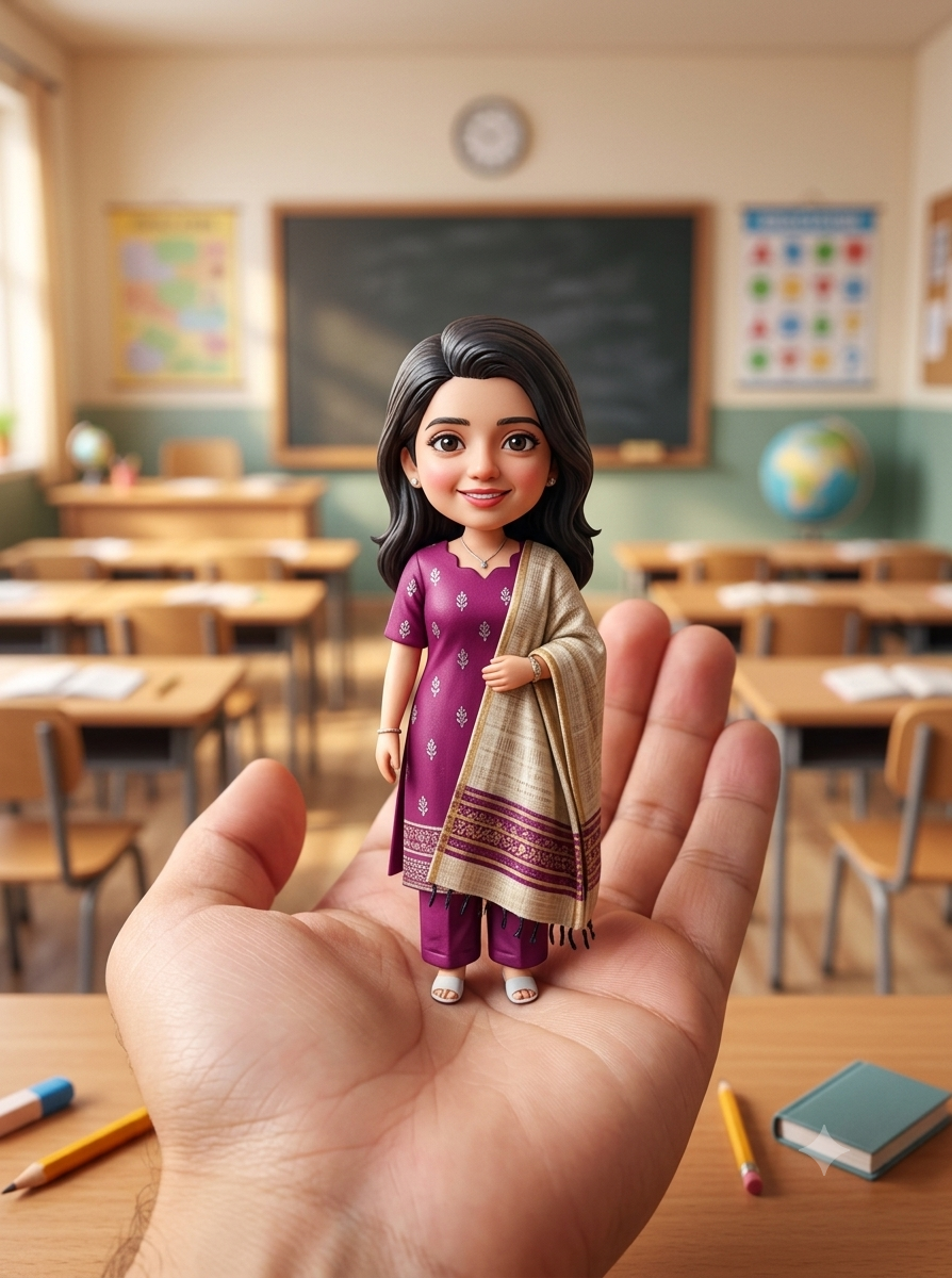 Cute Chibi Big Head Miniature Portrait in Hand with Classroom Background Original
