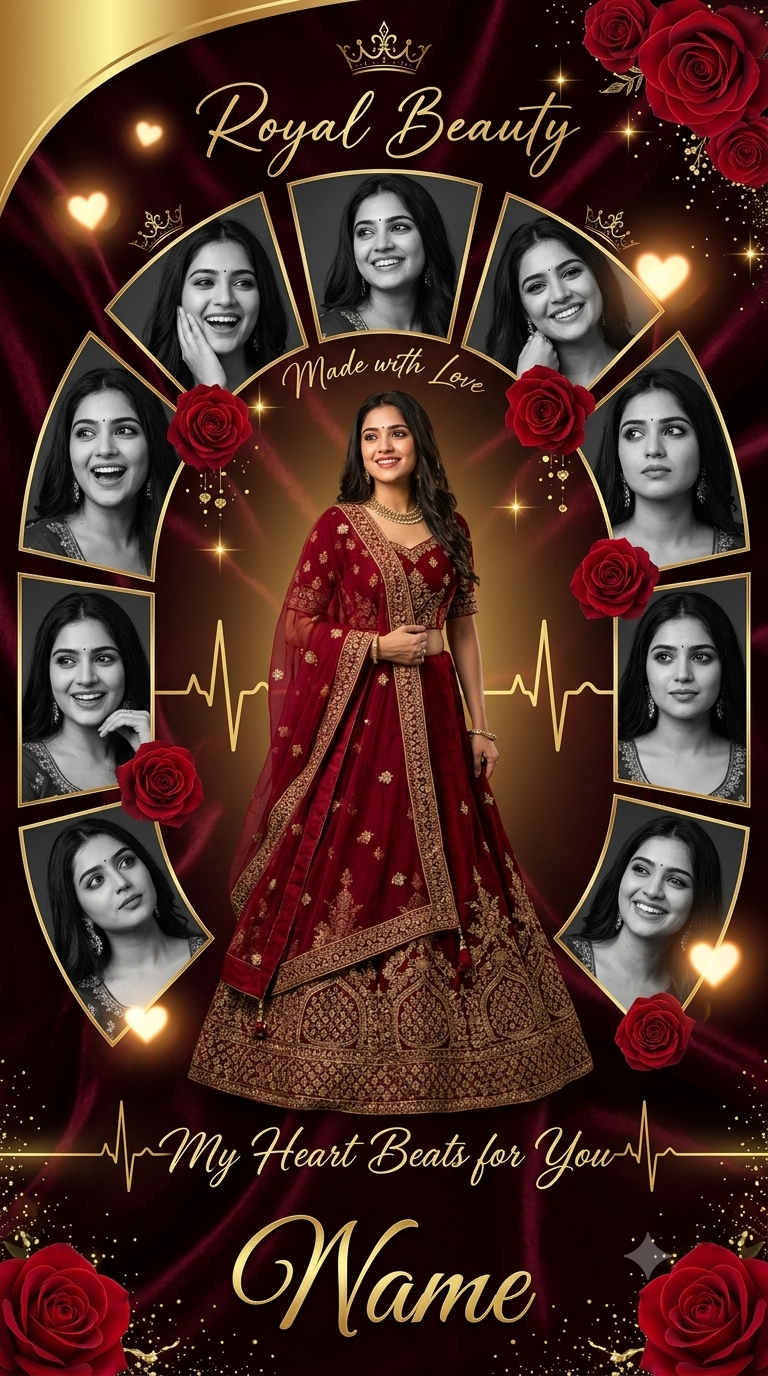 Luxury Royal Lehenga Romantic Collage Portrait with Roses & Gold Effects Original