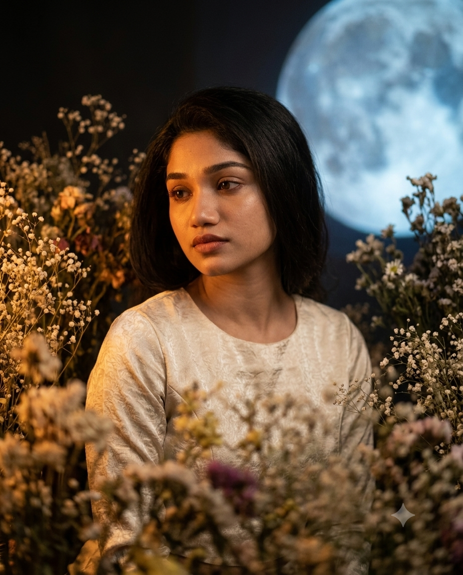 Cinematic Low-Light Portrait of a Woman with Dual-Tone Moonlight AI Image Prompt Original