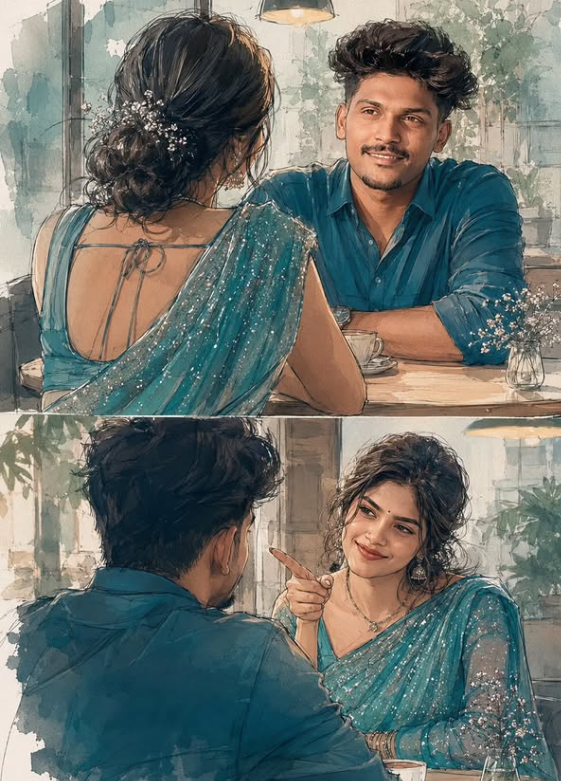 Romantic Indian Couple Café Watercolor Sketch Illustration Prompt Original
