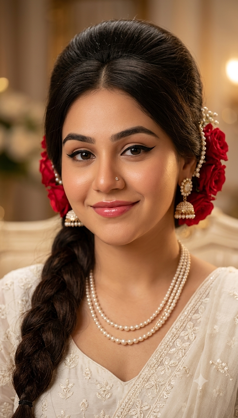 Ultra Realistic Indian Woman Close-Up Portrait with Pearl Jewelry and Vintage Beehive Hairstyle AI Image Prompt Original