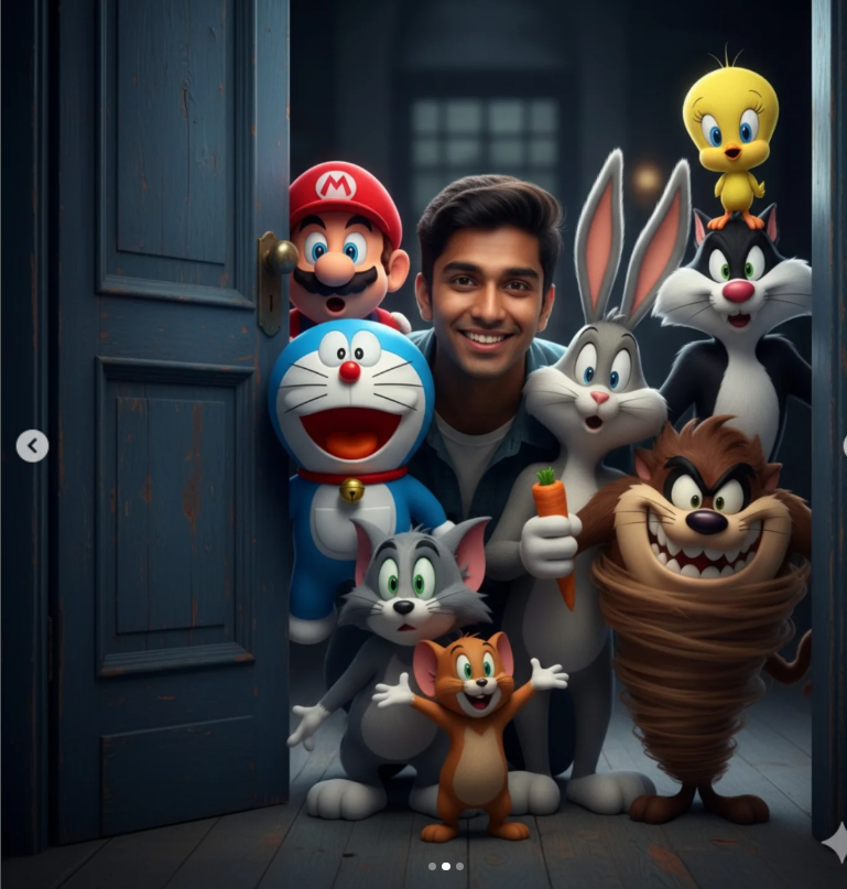 Indian Man Peeking Behind Door with Iconic Cartoon Characters in Photorealistic 3D Original