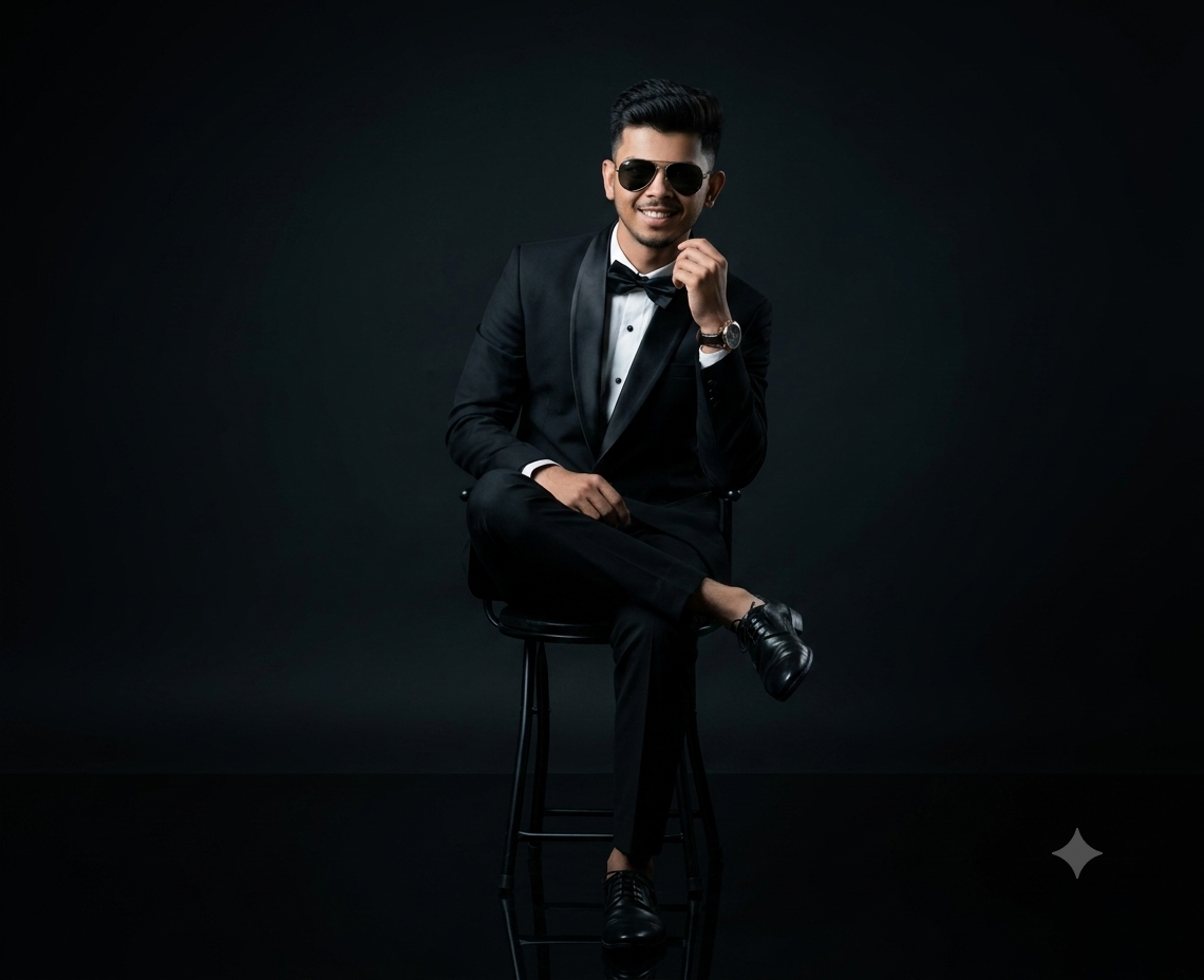 Ultra-Realistic Men's Black Tuxedo Editorial Studio Portrait AI Prompt Original