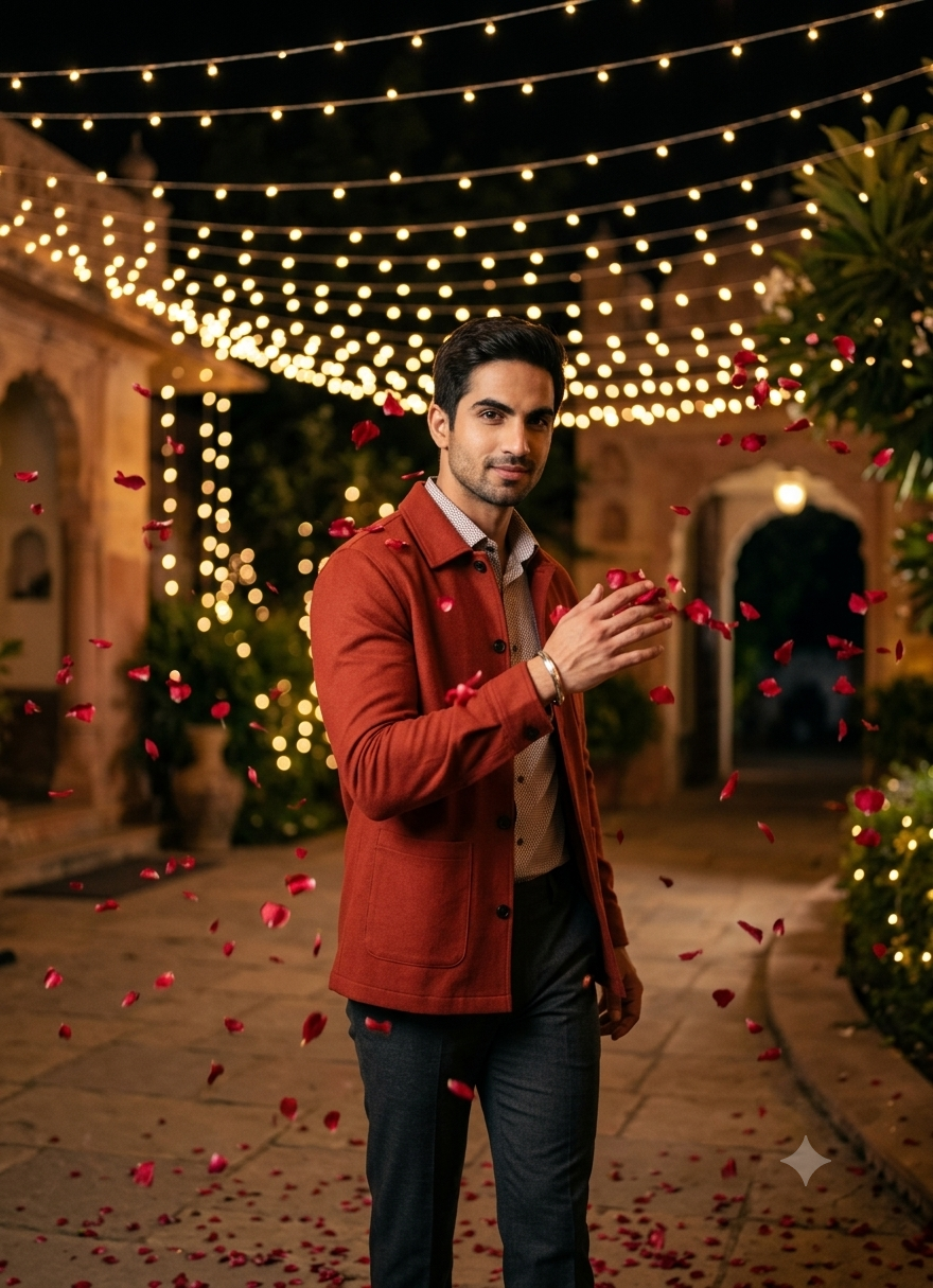 Luxury Terracotta Red Overshirt Man Walking Through Rose Rain at Night Original