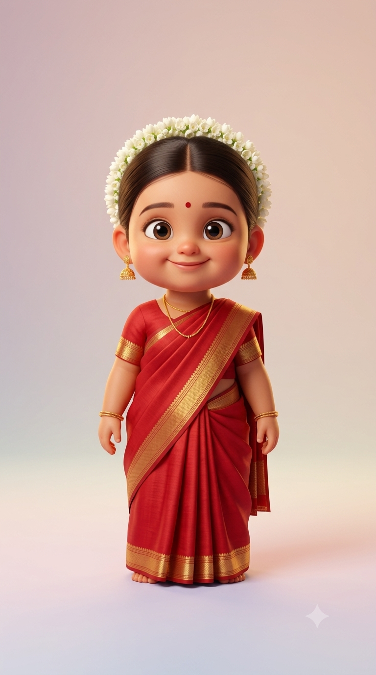 Ultra-Cute Indian Baby Girl in Traditional Red Silk Saree – 3D Pixar Style AI Prompt Original