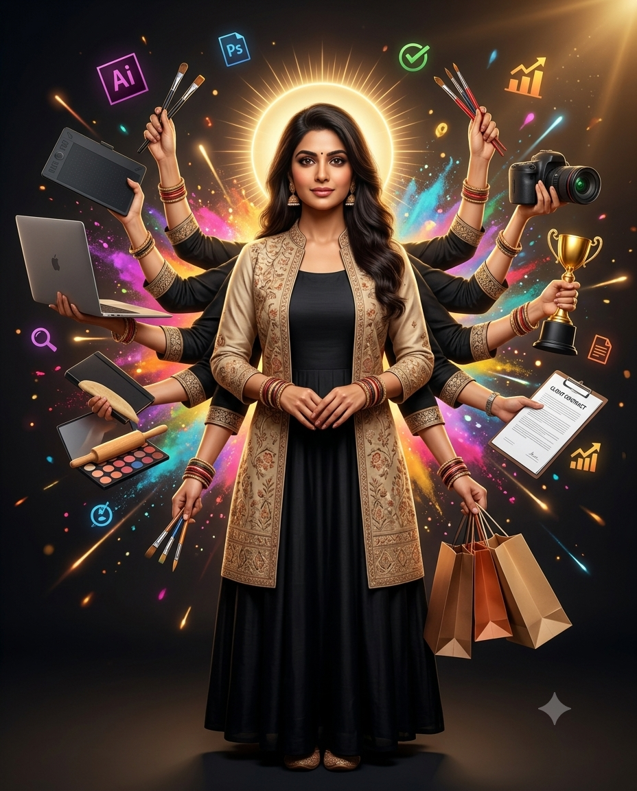 Ultra-Realistic Multi-Arm Indian Woman Entrepreneur Cinematic AI Portrait Prompt Original