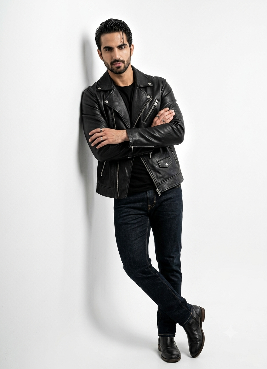 Luxury Editorial Studio Portrait in Leather Biker Jacket | AI Photo Prompt Original
