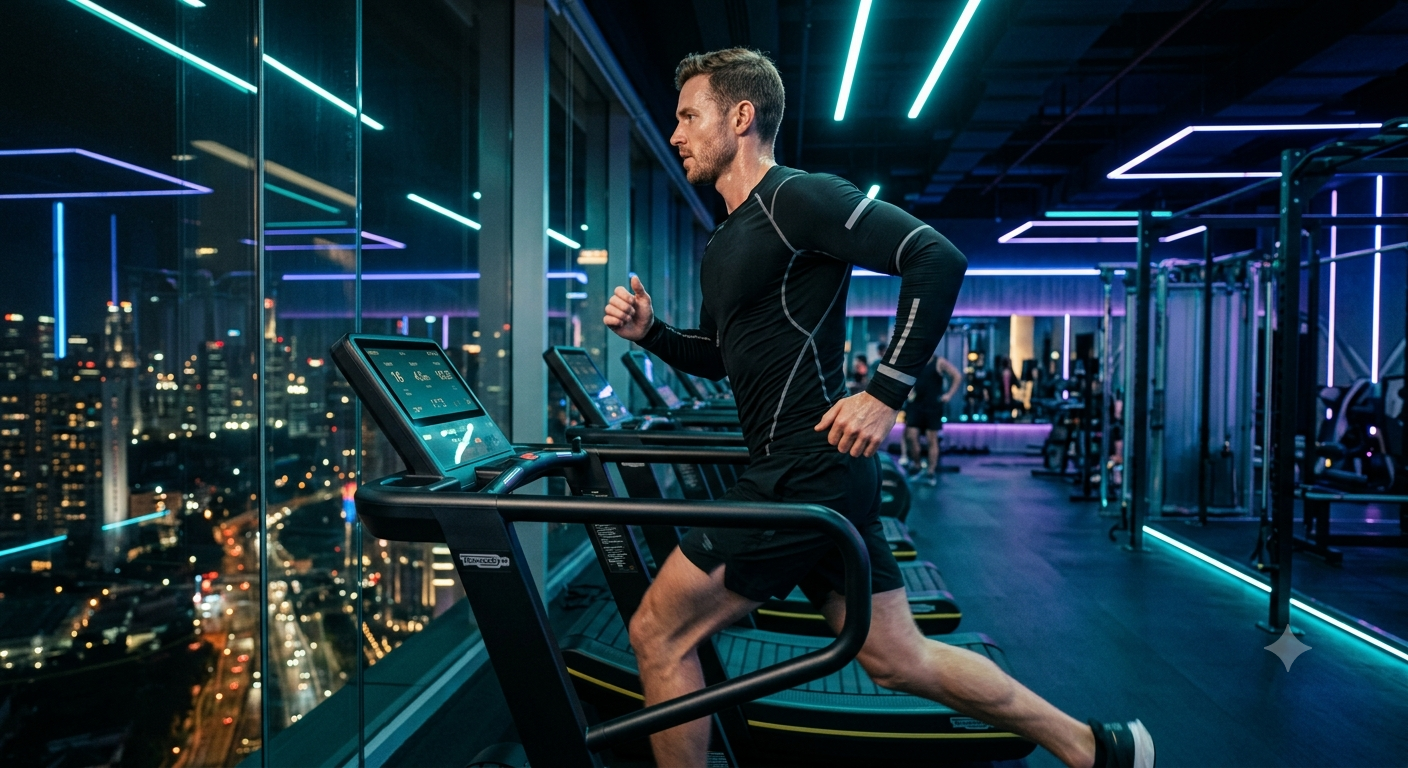 Cyberpunk Gym Night Running on Curved Treadmill AI Image Prompt Original