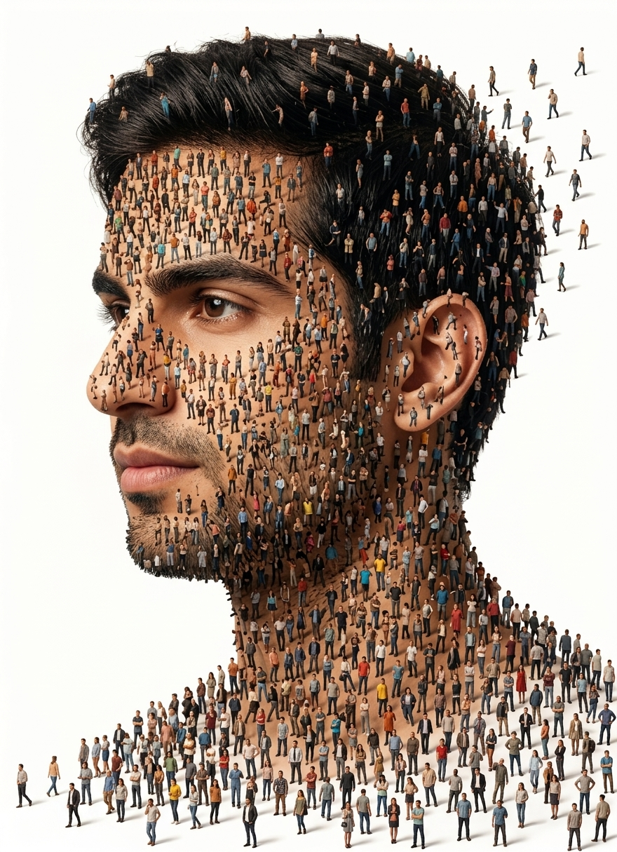 Surreal Human Mosaic Portrait with Tiny People Concept Art AI Prompt Original