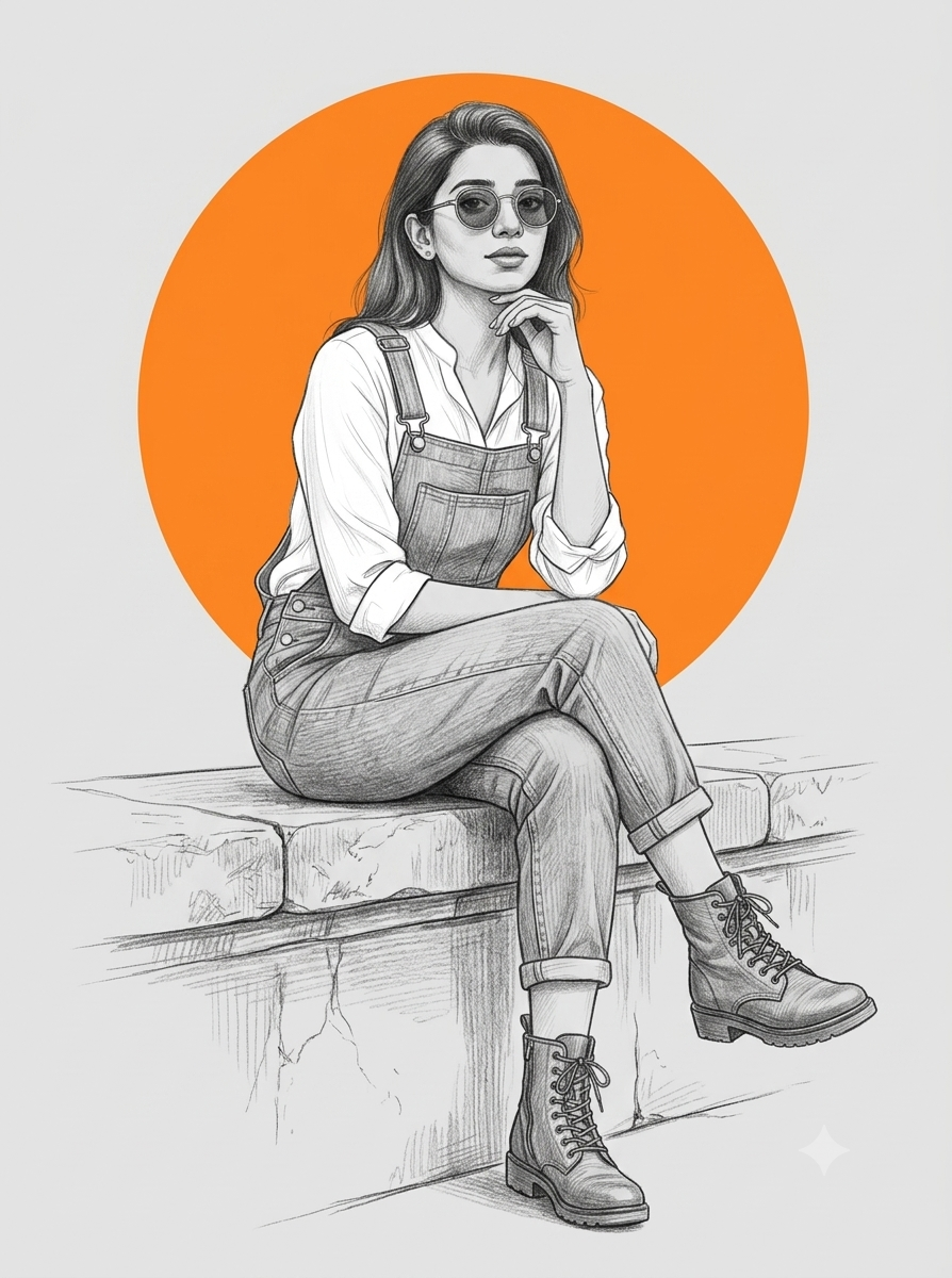 Monochrome Pencil Sketch Woman Portrait with Orange Circle Background Original