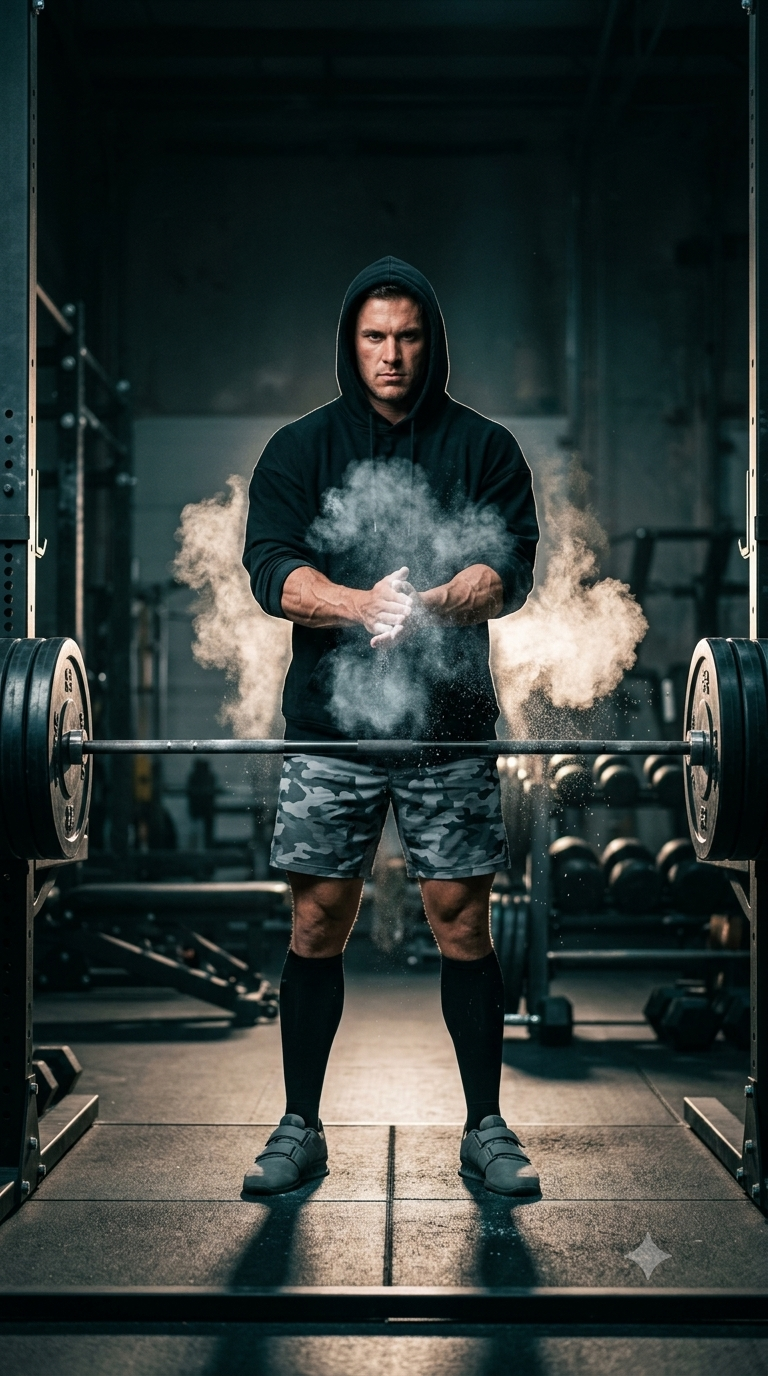 Muscular Man Clapping Chalk Dust in Dark Gym Cinematic AI Image Prompt Original