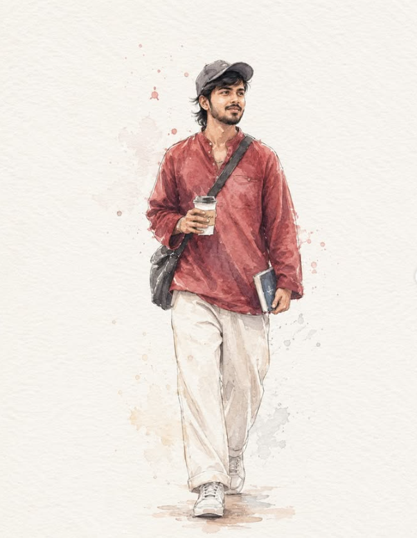 Minimalist Watercolor Illustration of a Stylish Young Man | Japanese Editorial Art Prompt Original
