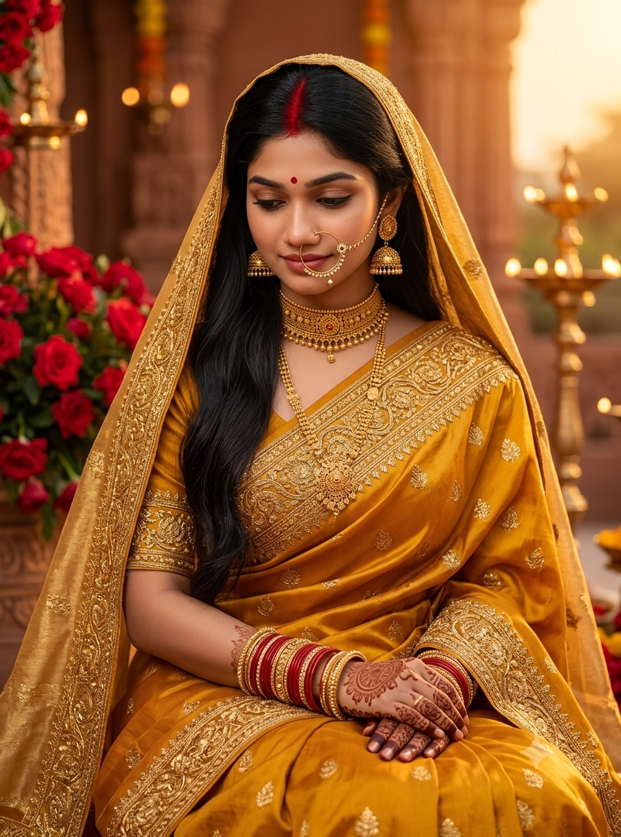 Ultra Realistic Indian Bridal Portrait AI Image Prompt in Mustard Yellow Silk Saree Original