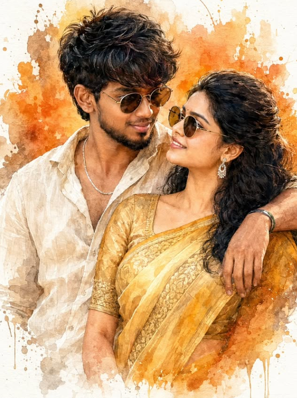 Romantic South Indian Couple Digital Watercolor Portrait AI Image Prompt Original