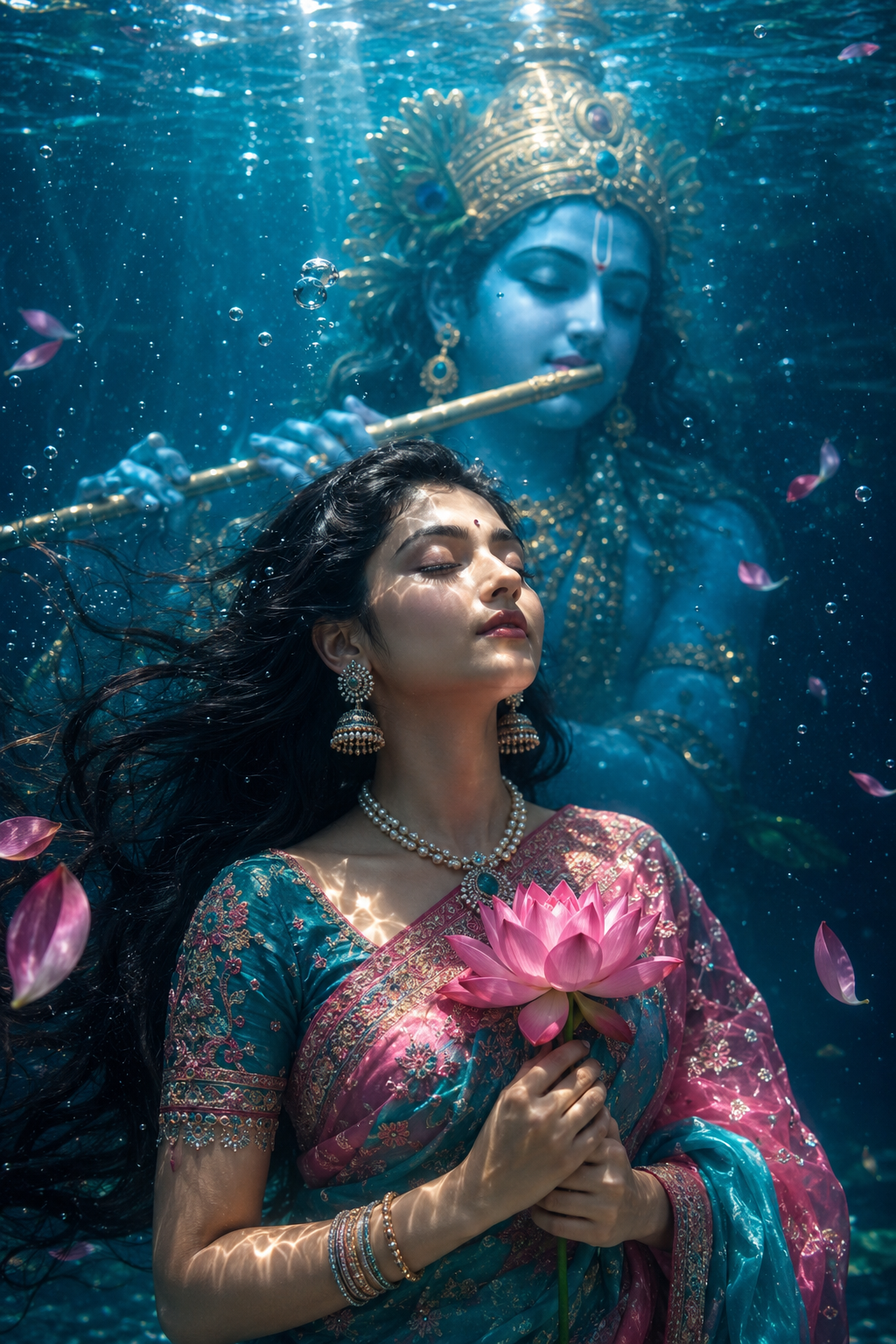 Ultra-Realistic Underwater Devotional Indian Woman with Lord Krishna AI Prompt (8K Cinematic) Original