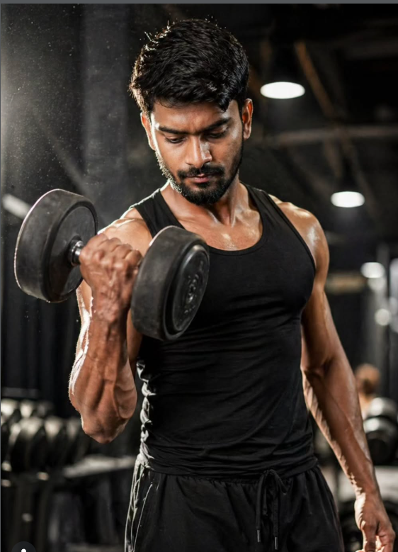 Cinematic Gym Bicep Curl Portrait of a Muscular Man | Ultra-Realistic Fitness Photography Prompt Original