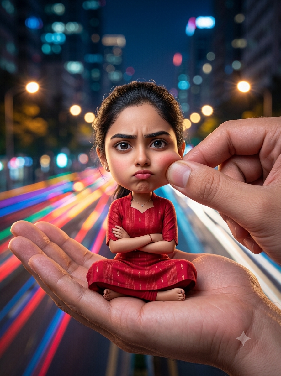 Cute Big-Head Miniature Portrait Sitting in a Giant Hand with City Bokeh Original