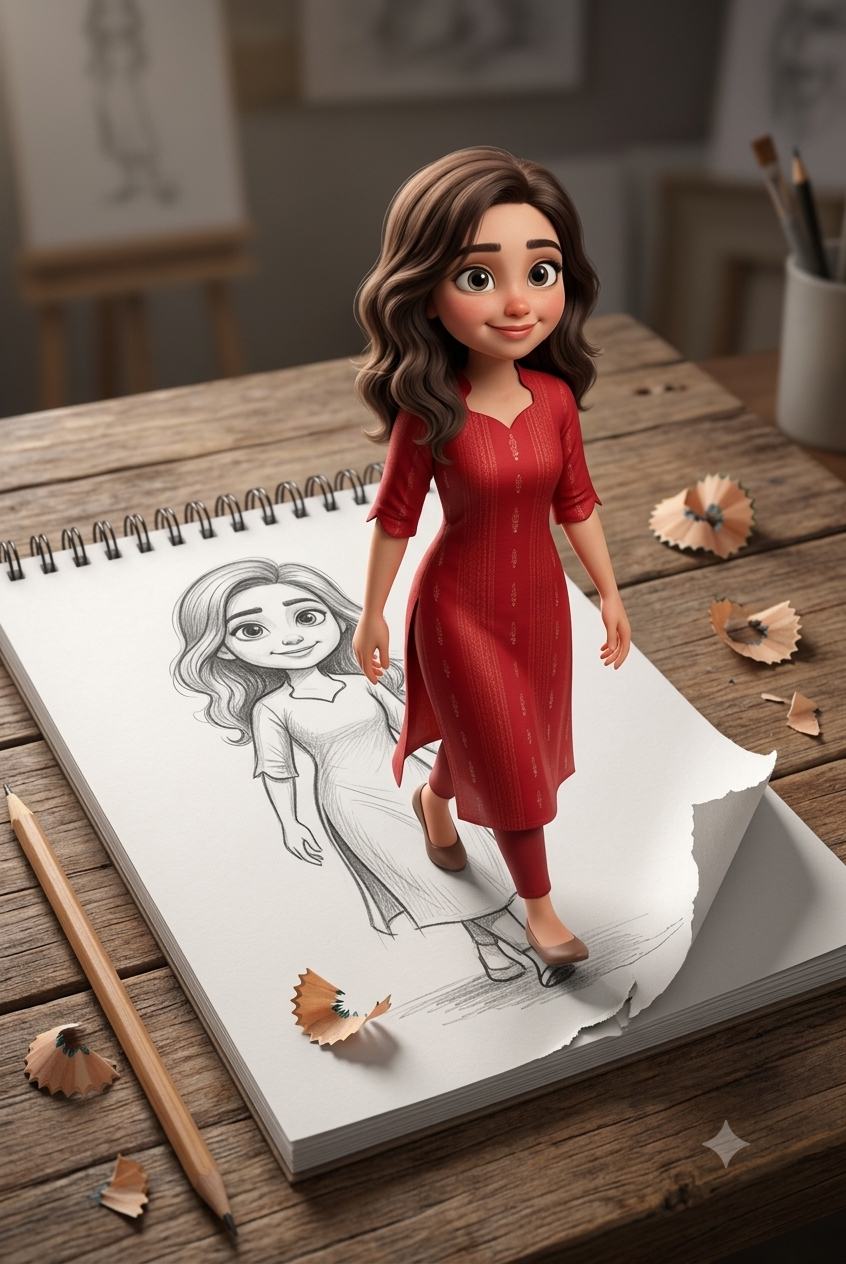 Realistic 3D Cartoon Girl Emerging from Sketchbook Illusion AI Prompt Original