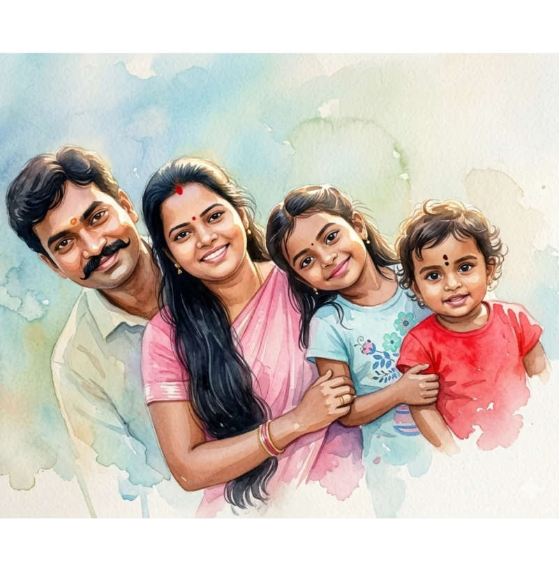Romantic South Indian Family Watercolor Portrait AI Image Prompt Original