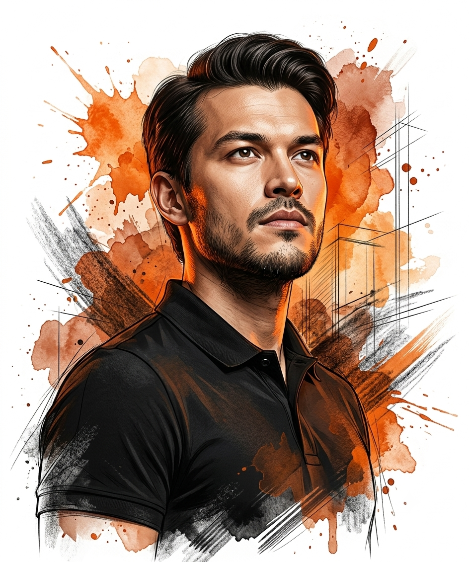 Hyper-Realistic Asian Man Mixed Media Portrait with Watercolor & Ink Sketch AI Prompt Original
