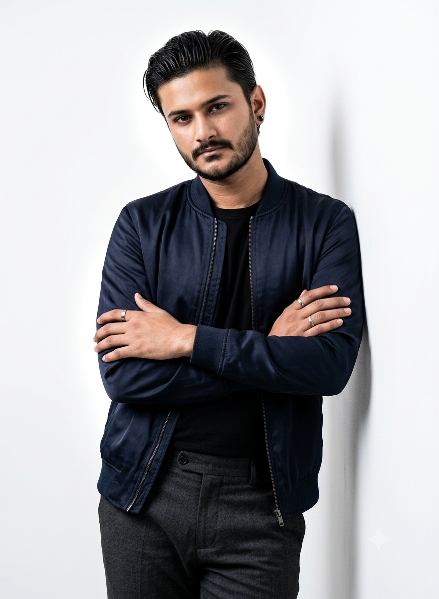 High-Fashion Bomber Jacket Studio Portrait AI Image Prompt | Editorial Male Photoshoot Original