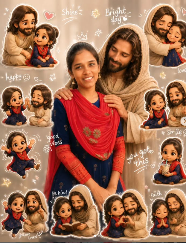 Cute 3D Chibi Portrait with Jesus and Aesthetic Korean Doodle Art Original