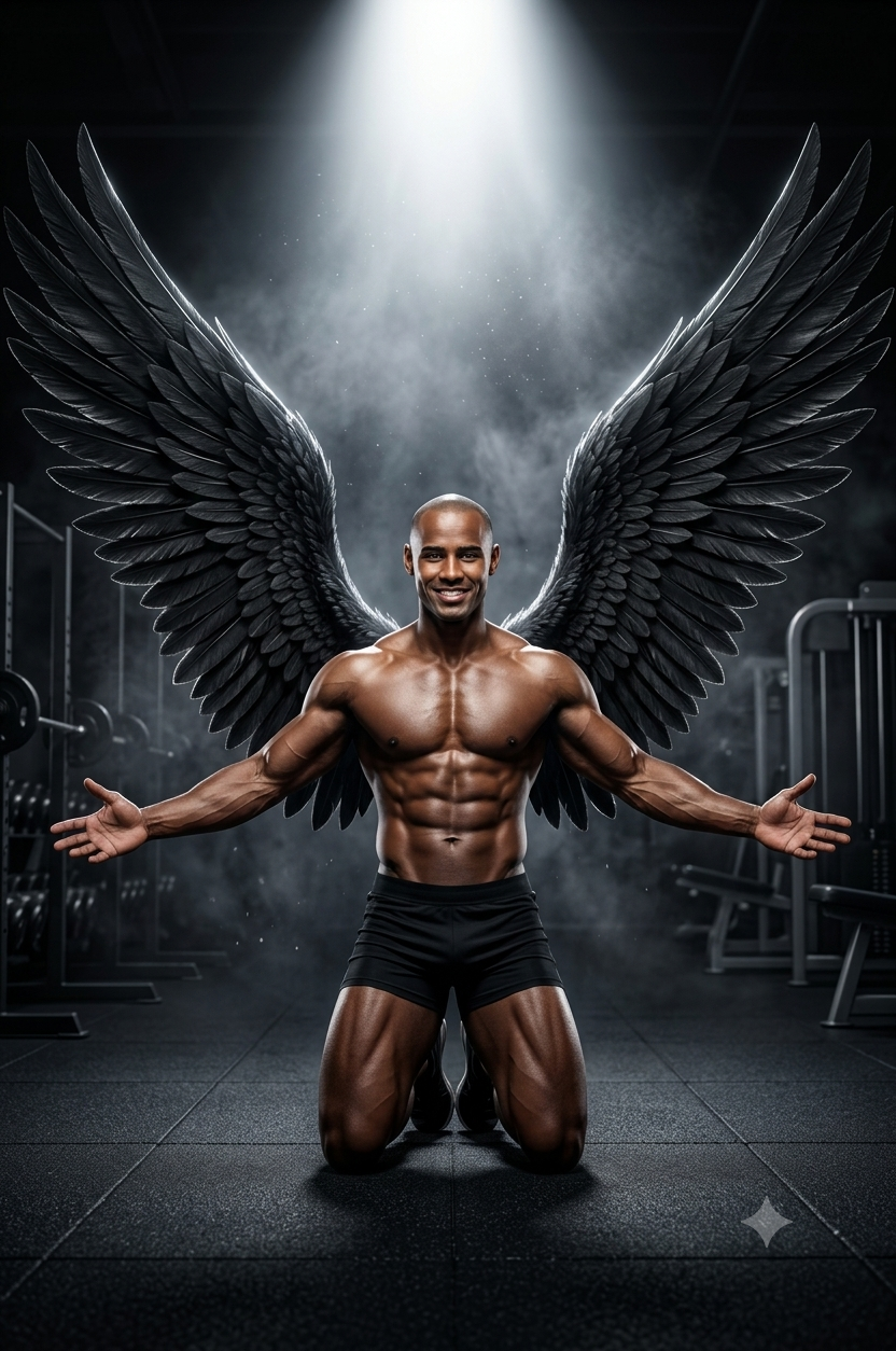 Hyper-Realistic Fallen Angel Gym Portrait with Massive Black Wings AI Prompt Original