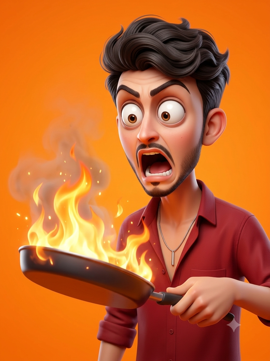 3D Pixar-Style Shocked Caricature with Burning Frying Pan AI Image Prompt Original