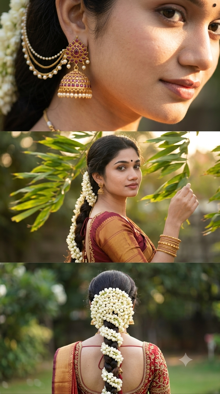 Ultra-Realistic South Indian Bridal 3-Panel Cinematic Collage AI Image Prompt Original