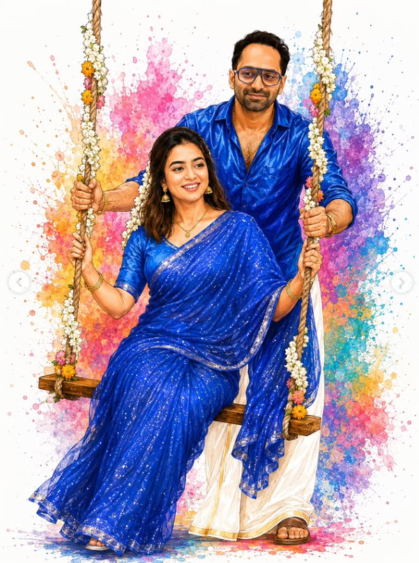 Ultra-Realistic Colorful Vector Line Art Couple Portrait on Swing Original