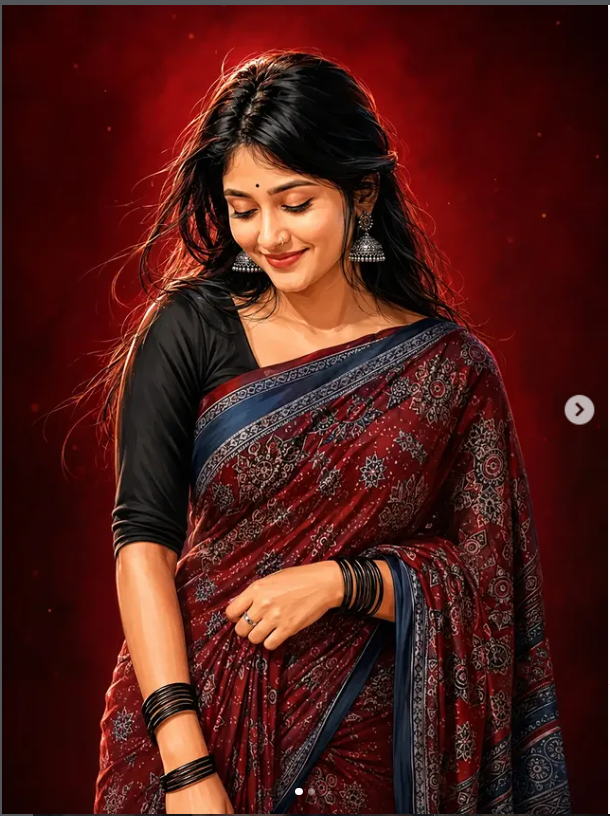 Semi-Realistic South Indian Woman in Traditional Ajrakh Saree Digital Art Prompt Original